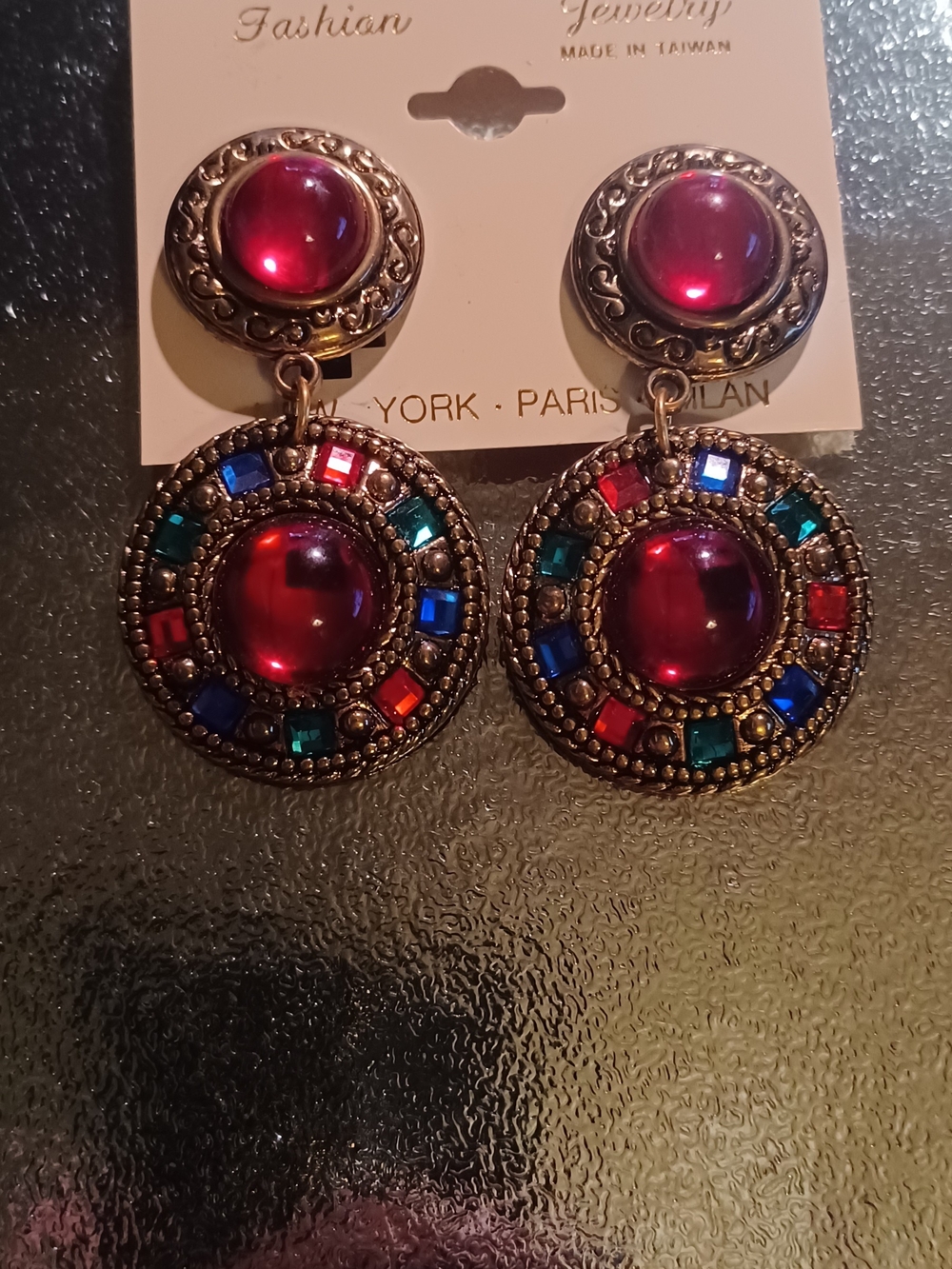 Fashion Jewelry Gold-Tone Drop Earrings with Red Cabochons and Multicolor Stone.